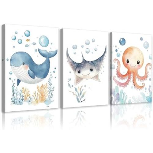 LYLYBYWSG Nursery Canvas Wall Art Whale Stingray Octopus Picture Watercolor Cartoon Artwork Cute Ocean Theme Toddler Wall Decor Set of 3 for Bathroom Baby Nursery Decor(Art-2,11x14inchx3 Pieces)