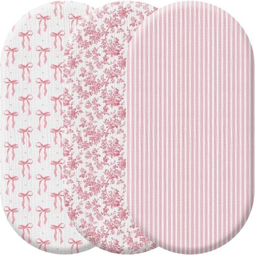 Baby Muslin Bassinet Sheets 3 Pack, Featuring Pink Stripes, Flowers, and Bows, Standard Size 33x17, Breathable, Elastic, Cozy Fitted 100% Cotton Baby Cradle Mattress Sheet for Boys Girls