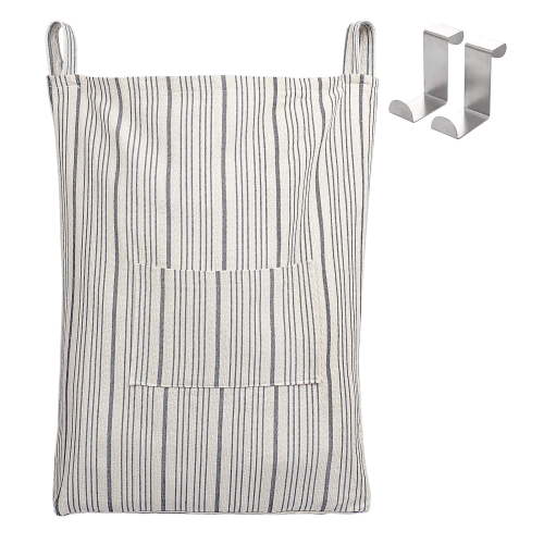 Sunlit Farmhouse Hanging Laundry Hamper with 2 Hooks, Washable Beige & Stripes Linen Laundry Bag with Zipper & Wide Open Top, Over the Door Organizer for Dirty Clothes, Space Saving Storage