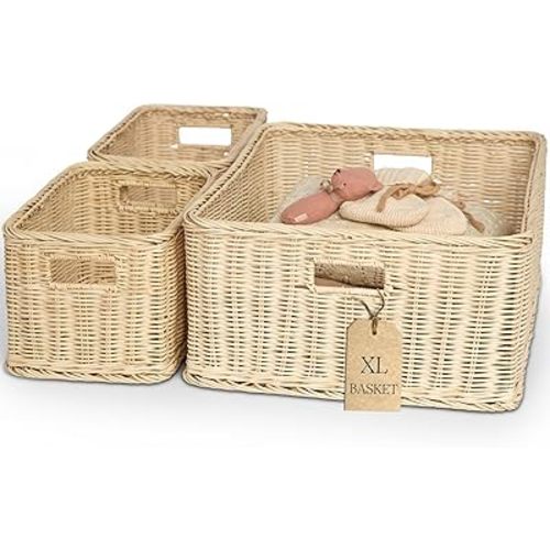 BEBE BASK Handwoven Rattan Wicker Basket Set of 3 (17 × 13 × 7 in) – Wicker Baskets For Organizing, Woven Basket, Wicker Storage Baskets For Shelves, Home, Nursery & Toy Storage