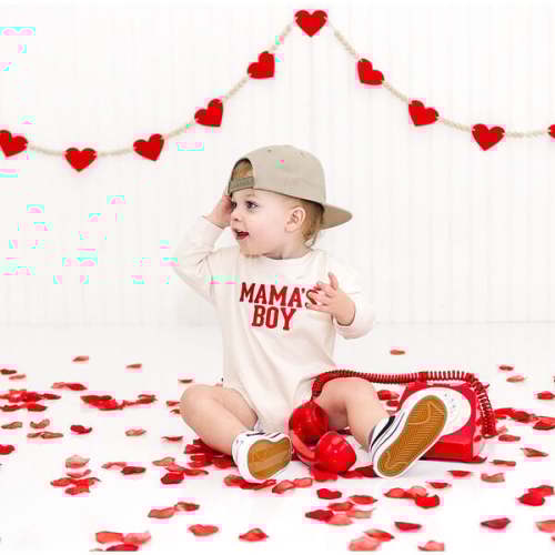 Mama's Boy Varsity Patch Valentine's Day Long Sleeve Romper, Natural - Sweet Wink | Maisonette