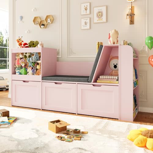 66.9" Kids Reading Nook, Toy Storage Organizer with Stuffed Animal Storage, Bench and Removable Cushions, Wooden Toddler Bookshelf with 3 Movable Drawers for Nursery, Playroom (Pink)
