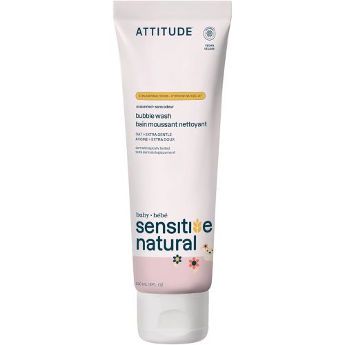 ATTITUDE Bubble Body Wash for Baby, EWG Verified, Extra Gentle, Enriched with Oatmeal, Dermatologically Tested, Plant and Mineral-Based, Vegan, Unscented, 240 mL