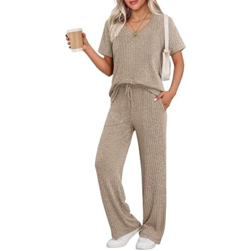 Ekouaer Womens Ribbed Knit Lounge Set Short Sleeve Top and Long Pants Sleepwear Pajama Set Two Piece Matching Outfits Set