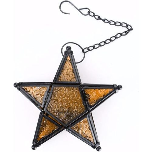 Morocco Metal Star Glass Lantern Wall Hanging Candle Holder for Decorative Wedding Party Home Decoration Birthday Party (Yellow)
