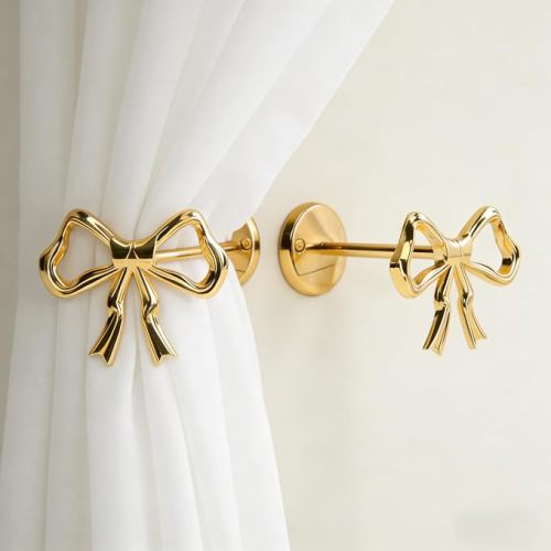 Elegant Gold Bow Curtain Holdbacks - 2 Pcs Wall-Mounted Tiebacks for Modern Home Décor | Ideal for Living Room, Bedroom & Office | Stylish Metal Curtain Holders with Screws Included