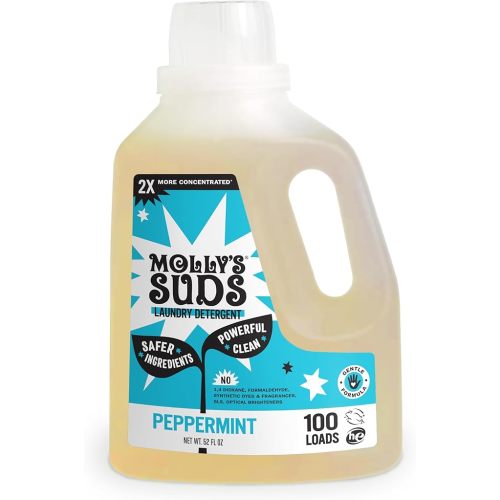 Molly's Suds Liquid Laundry Detergent | Clean Laundry Detergent Soap for Sensitive Skin | 2x Concentrated, High Efficiency (HE) | Peppermint - 100 Loads