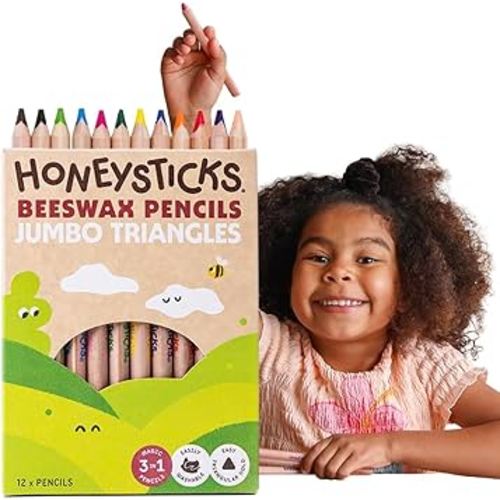 Honeysticks Jumbo Triangle Colored Pencils (12 Pack) - Preschool Pencil with Non-Toxic Beeswax Core, Large Triangular Shape, Easy Grasp, Bright Colors, Toddler Coloring and Drawing, Kids 1-3, 2-4, 3-5