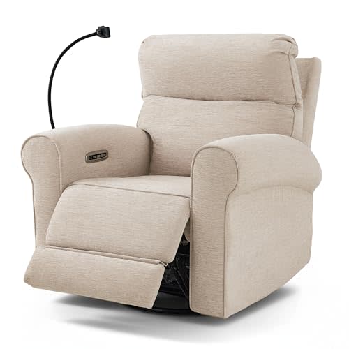 MCombo Power Swivel Rocker Recliner Chair, Glider Rocking Chair with Adjustable Headrest, Extended Footrest, Dual USB Ports, Phone Holder, for Living Room & Nursery, Fabric PR638 (Beige)