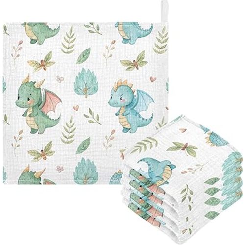 Burbuja Watercolor Dragon Baby Washcloths - Muslin Cotton Soft Absorbent Baby Towel for Newborn Baby Sensitive Skin - Baby Essential Item, 12x12 in, 5 Pack