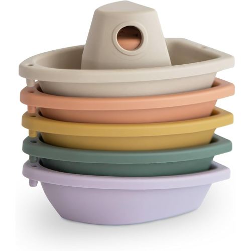 mushie Stackable Bath Boats Toy (Rustic) | Floating Bathtub Toys for Baby & Toddler, Set of 5 | Made in Denmark