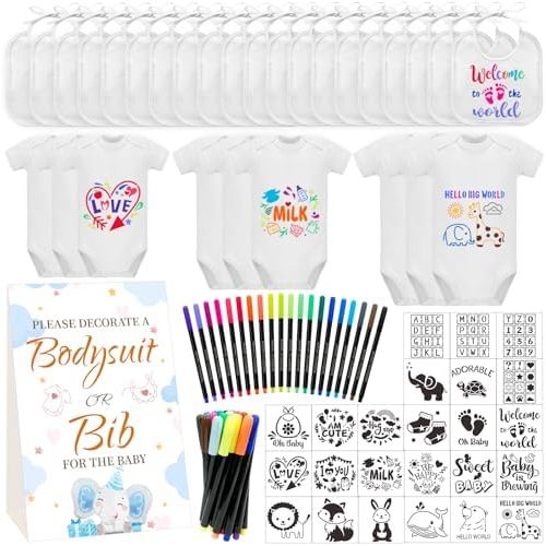 Bibs Bodysuits Baby Shower Game Sign Set Newborn Onesies Feeder Gift Fabric Marker Stencils Kit