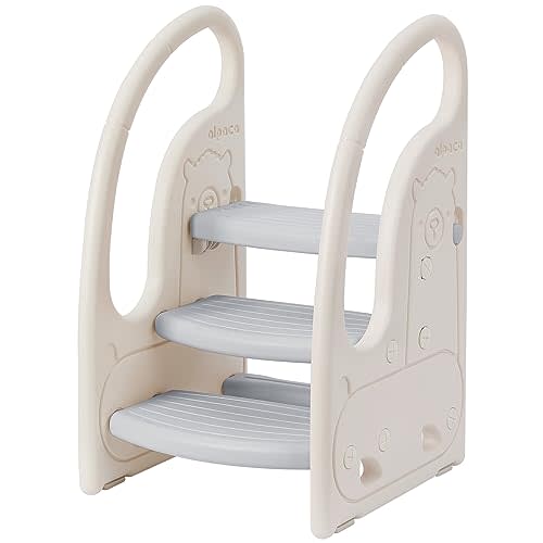 Toddler 3 Step Stool Onasti Kids Standing Tower for Toddlers Plastic Learning Helper Stool for Kitchen Counter Bathroom Sink Toilet Potty Training with Handles and Non-Slip Pads-Grey White