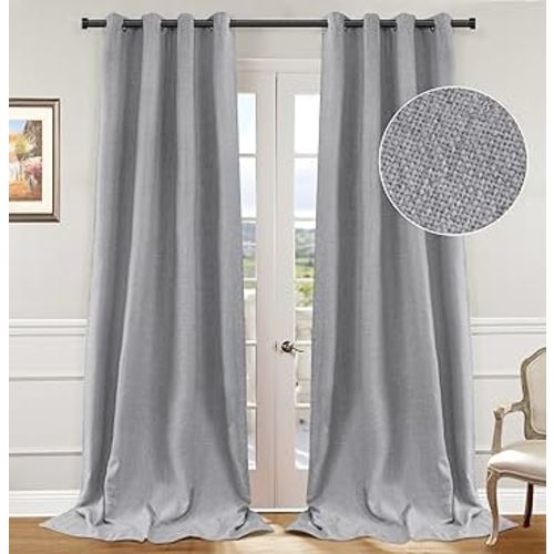 100% Blackout Curtains for Bedroom 84 inches Long,Grommet Linen Curtains with Blackout Liner, Linen Blackout Curtains for Living Room 2 Panels Set,50" x 84", Grey