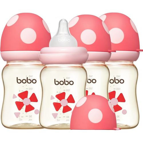 YOHKOH PPSU Baby Bottle Wide Neck, Newborn Anti-Colic Baby Bottle with Natural Response Nipple, Streamlined Body, Easy to Clean (5.4oz (Pack of 4), Red)