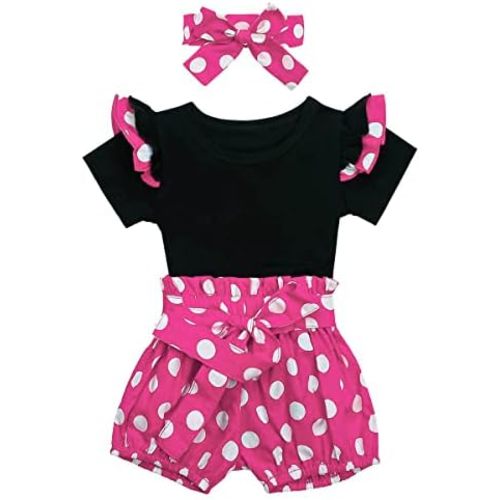 IDOPIP Baby Girls Ruffle Sleeves Romper Top+Polka Dots Shorts Pants Set with Headband Birthday Outfit Summer Boutique Clothes