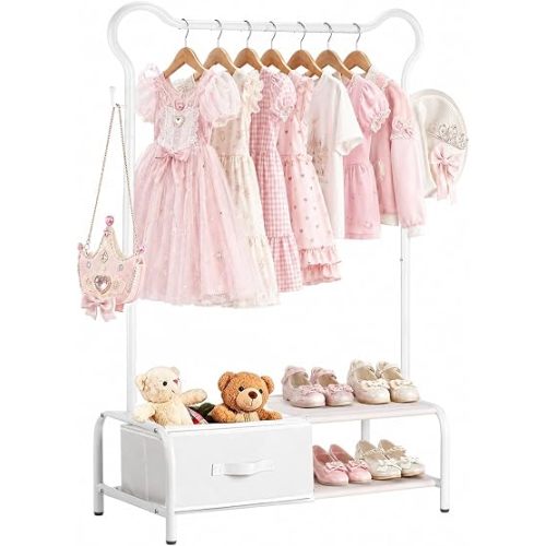 Kids Clothing Rack with Fabric Drawer, 2-Tier Baby Closet, Toddler Wardrobe Closet Organizer for Hanging Coats and Shirts, Small Baby Garment Stand for Nursery, Bedroom, Playroom (White)