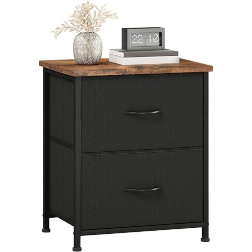 Somdot Nightstand, Small Dresser for Bedroom with 2 Drawers, Bedside Table Night Stand End Table with Fabric Bins for Bedroom Kids Closet Dorm Guest Room, Black Rustic Brown