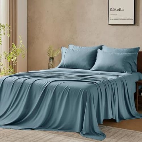 GOKOTTA Queen Bamboo Rayon Sheets 6 Pieces, Soft Cooling Sheets Stay Put