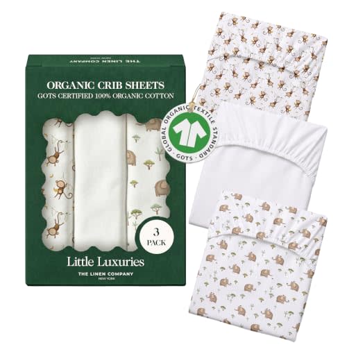 100% Organic Cotton Baby Crib Sheets, 28" x 55", Safari, 3-Pack | GOTS Certified, Soft Fitted Sheets for Mini Mattress, 6" Deep Pocket with Secure Elastic Fit, Boys & Girls