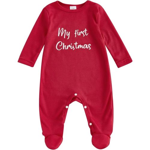 Newborn Baby Girl Boy Christmas Outfit Letter Print Long Sleeve Footie Romper Jumpsuit Fall Winter Clothes