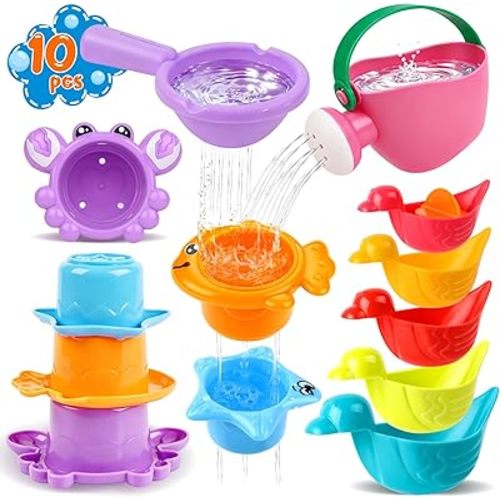 10 Pcs Bath Toys for Kids Ages 1-3, Bathtub & Pool Water Toys for Toddlers 1-3 & Babies 12-18 Months, Water Table Accessories with Floating Ducks, Stacking Cups & Pouring Fun for Boys Girls