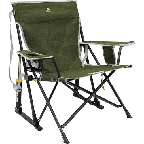 GCI Outdoor Kickback Rocker Camping Chair | Portable Folding Rocking Chair with Durable Armrests, Drink Holder & Relaxed Lowered Seat for Comfort — Loden Green