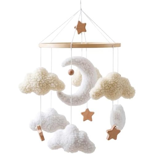 Mobile de berceau à suspendre de style nordique avec lune, nuages et étoiles en bois pour berceau – Beige
