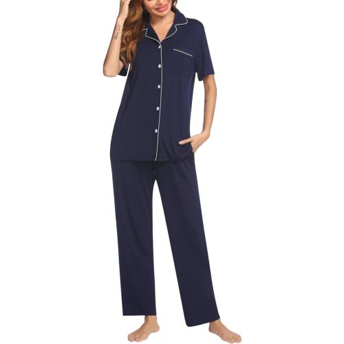 Ekouaer Women Pajamas Set Button Down Sleepwear Short Sleeve Nightwear with Long Pants Soft Pjs Set S-XXL