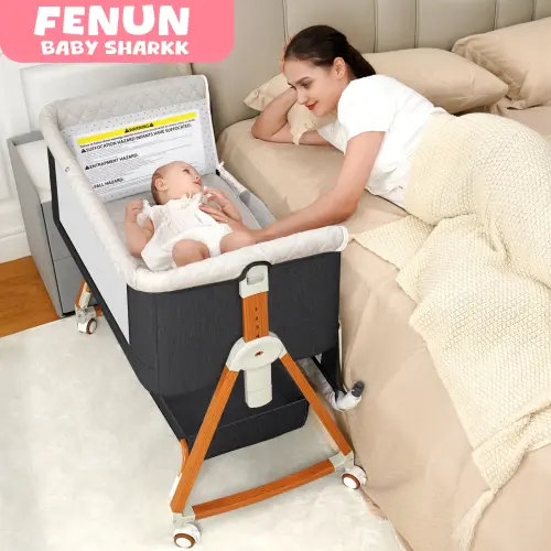 Baby Bassinet Sleeper, 6 Height Adjustable Cribs, Easy to Fold Portable Crib Side Bassinet, Swing Cradle Bed Side Sleeper with Ventilated Net&Wheels,DealsForYouDays - TikTok Shop