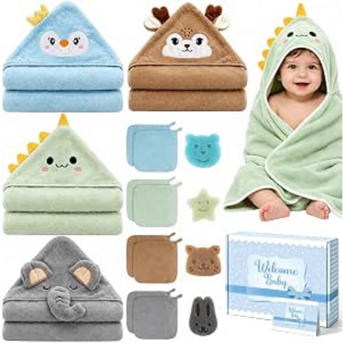 16 PCS Baby Bath Towels Set for Infants Toddlers,4 PCS Toddlers Hooded Baby Towels & Bath Sponge,8 PCS Washcloths for Baby Shower, Boys Girls Soft Absorbent Baby Bath Towels for Newborn Gifts