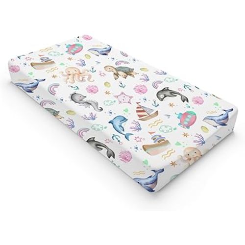 Colorful Sea Animals Baby Changing Pad Covers for Boys & Girls 32''x16'' Ocean Whale Dolphin Turtle Sea Horse Corals Unisex Fitted Changing Pad Sheets Nautical Life Soft Diaper Change Table Mats
