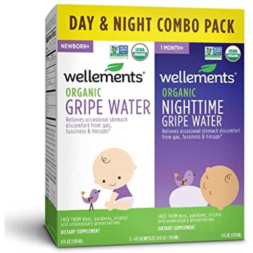 Wellements Organic Day & Night Gripe Water Combo Pack for Infants, Relieves Stomach Discomfort from Gas, Fussiness, & Hiccups for Baby, Free from Dyes, Parabens, Preservatives, 4 Fl Oz (Pack of 2)…