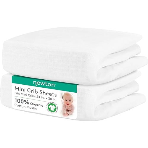 Newton Baby Fitted Mini Crib Sheets (2-Pack) | Organic Muslin Cotton, Breathable & Soft Baby Sheets, Washable Baby Mattress Sheets, Fits Mini Crib Mattresses 24" x 38", Plain White