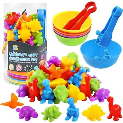 RAEQKS Counting Sorting Dinosaur Toys Montessori Sensory Matching Toy with Bowls Preschool Learning Activities Educational Stacking STEM Game Animals Gifts Sets for Kids Aged 3+ Years Old Boys Girls