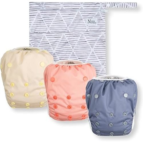 Nora's Nursery Reusable Swim Diapers and Wet Bag - One Size Fully Adjustable - Laguna Unisex 3 Pack with Wet Bag