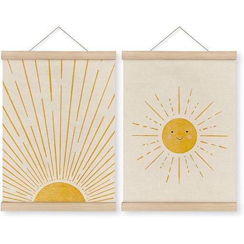 MAQIKA Boho Sunshine Poster Framed With Wood Hanger Set of 2, Sun Nursery Wall Decor, Smiling Sunshine Hanging Art, Bohemian Sunset Canvas for Kids Room 12x16 Inch