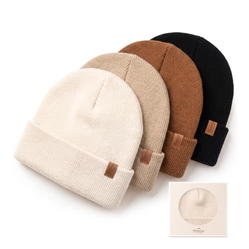 Konssy 4-Pack Baby Beanie Winter Hat for Newborn Infant Boy Girl 0-6 Months | Cozy Double-Layer Knitted Warm Hats, Extra-Soft, Warm Stretch Beanies Without Tight Marks, Multicolor set, Machine Washable