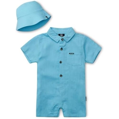 Volcom Baby Boys' Romper - Button Down Collared Infant Playsuit With Matching Bucket Hat for Boys (Infant Sizes: 0-24 Months)