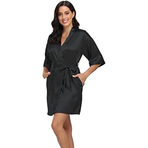 Women's Satin Robe Silk Kimono Bathrobe Pure Short Sexy Sleepwear Bridesmaid Bride Party Robes with Pockets
