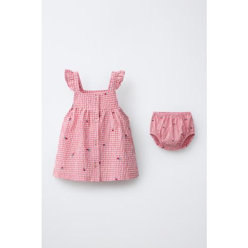 EMBROIDERED GINGHAM FLORAL DRESS AND PANTIES - White / Red | ZARA United States