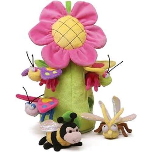 Plush Bug Flower House with Bugs - Five (5) Stuffed Animal Bugs and Butterflies in Play Flower Carrying House