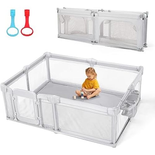 Baby Playpen,71"x71" Foldable Playpen for Babies and Toddlers with Gate,Large Play Pens with Zipper Door,Baby Play Yards Play Area (Light Grey)