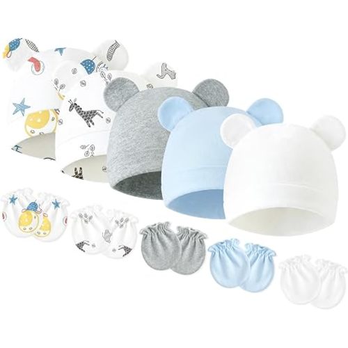 Newborn Baby Hats and Mittens Set, Cotton Infant Baby Boy Girl Bear Ears Caps and Mittens for 0-3 Months