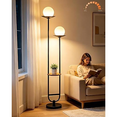 Lightdot 63IN Black Floor Lamp with U Pole, 2 Globe Mid Century Standing Lamps Dimmable with 3000K Warm White LED Bulbs, Unique Vintage Tall Floor Lamp for Living Room/Wedding/Party