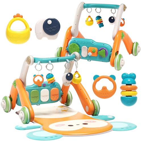 Jovow 2 in 1 Baby Gym with Walker,Baby Play Mat with 5 Infant Learning Sensory,Double-Sided Multifunctional Removable Play Piano Panel,Sit-to-Stand Learning Walker for 0-24 Months Boy Girl [Orange]