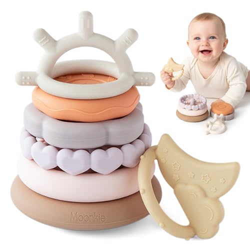 Moonkie Stacks of Circles Soft Teething Toy | Educational Learning Baby Toy | Stacking Ring Toys for Babies Boy and Girl | 7 Piece Teethers Set (Nature)