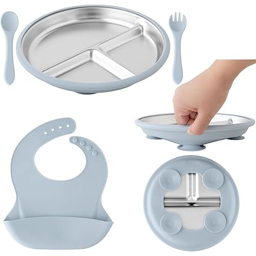 Stainless Steel Baby Feeding Set– Toddler Suction Plate, Removable Suction, Silicone Bib, Spoon & Fork – BPA-Free Weaning Kit for 6–18 Months, Soft Starter Utensils (Baby Blue)