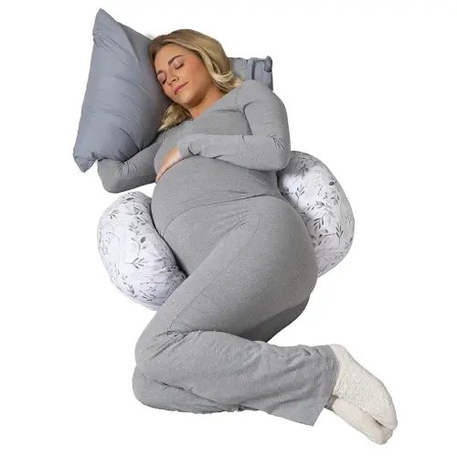 Boppy Side Sleeper Pregnancy Pillow, Gray Falling Leaves, Portable, Supportive Pregnancy Pillows for Sleeping on Your Side, Stay-Put Design with Stretchy Center Panel That Grows with Your Bump
