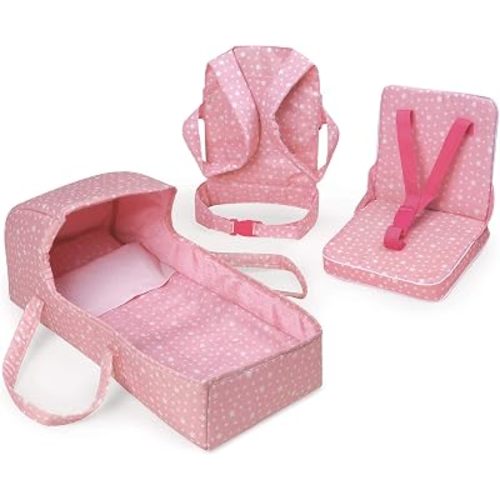 Badger Basket First Class 5-Piece Doll Travel Set for 18-Inch Dolls – Includes Travel Bed, Carrier, Reversible Blanket, and Accessories in Pink Stars Design
